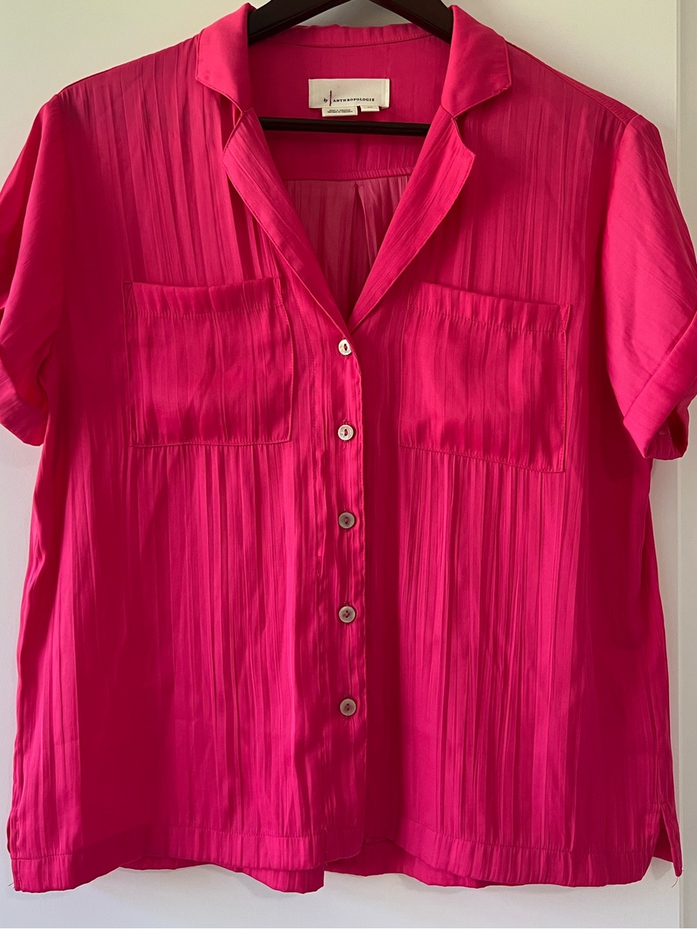 Anthropologie Pink Button Up Shirt Short Sleeve Textured Crinkle Blouse Top XS